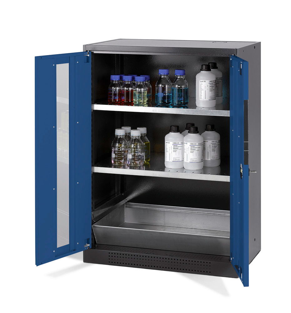 Armario para químicos Systema CS-82G, antracita, puertas batientes azul, 2 estantes y cubeto