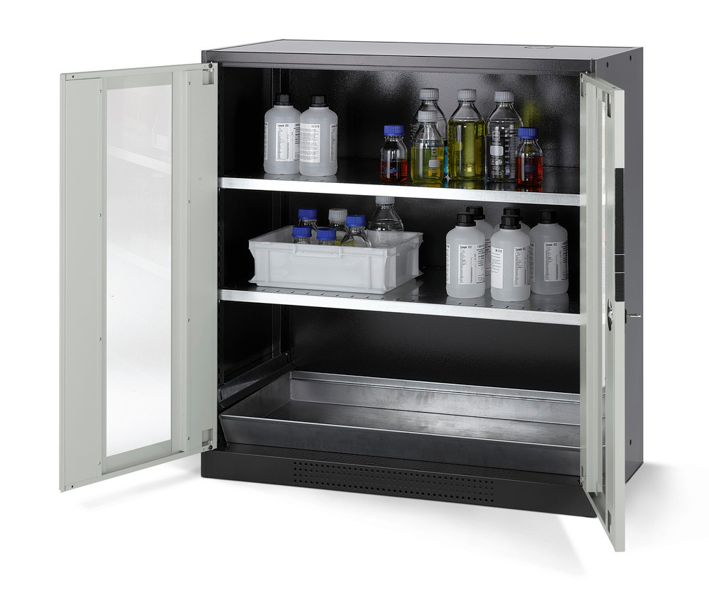 asecos chemicals cabinet Systema CS-102G, body anthracite, grey, 2 shelves and floor spill pallet
