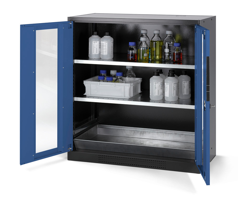 Armario de químicos, cuerpo antracita, puertas batientes azul, 2 estantes y cubeto: Systema CS-102G