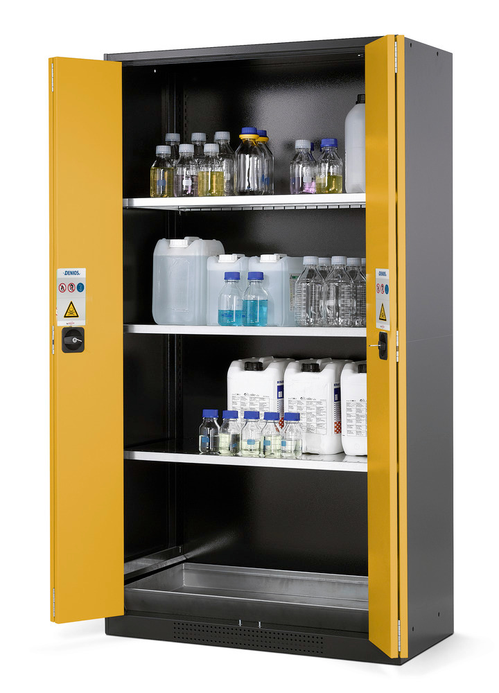 Szafa na chemikalia Systema CS-103F, korpus antracyt, drzwi żółte, 3 półki i wanna podłogowa