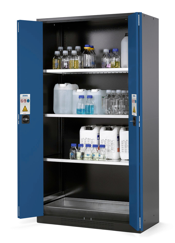 Kjemikalieskap Systema CS-103F, kabinett antracitgrå, blå foldedører, 3 hyller og bunnkar