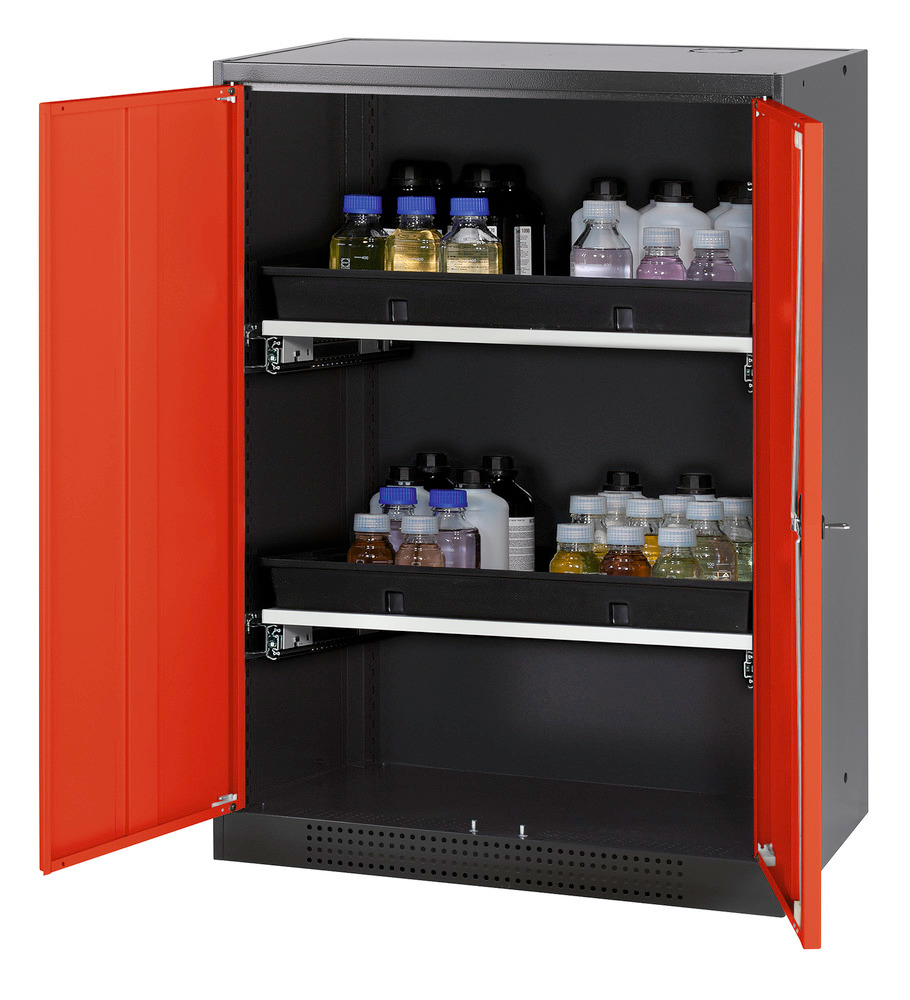 Skříň na chemikálie Systema CS-82, korpus antracitové barvy, křídlové dveře červené, 2 výsuvné vany