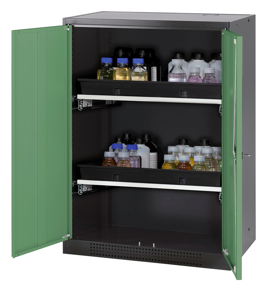 Skříň na chemikálie Systema CS-82, korpus antracitové barvy, křídlové dveře zelené, 2 výsuv. vany