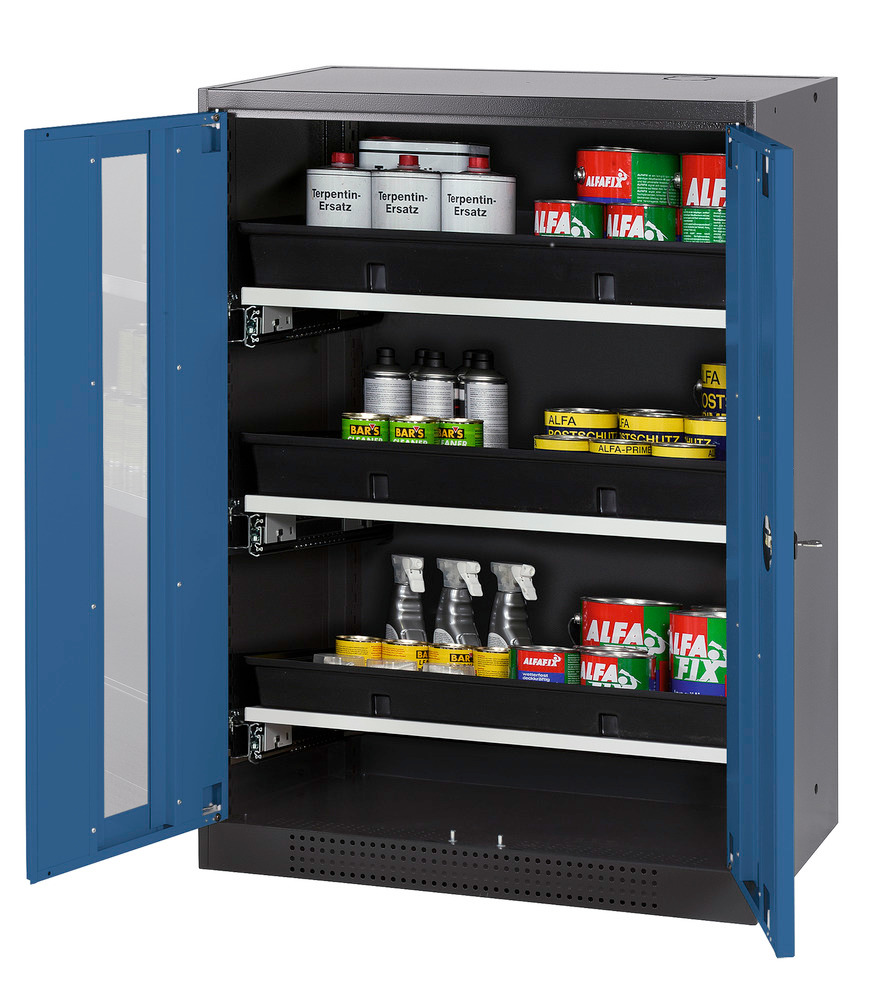 asecos chemicals cabinet Systema-T CS-83G, body anthracite, wing doors blue, 3 pull-out shelves