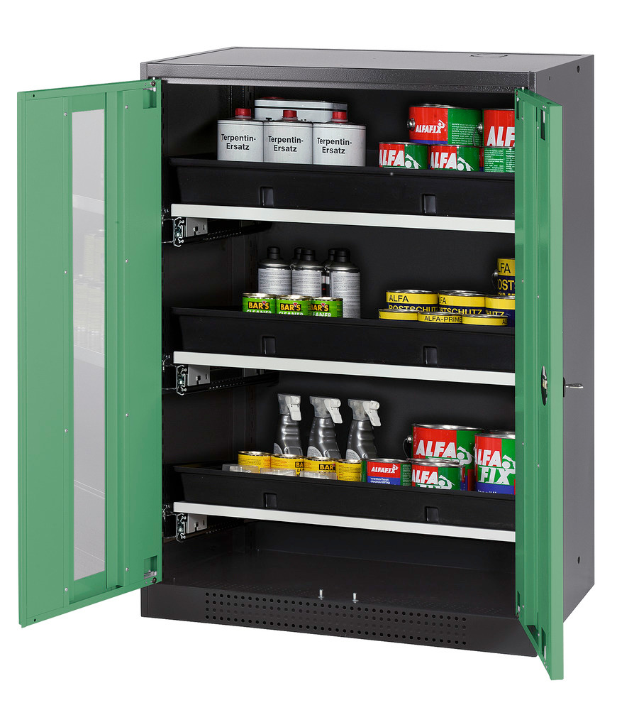 asecos chemicals cabinet Systema-T CS-83G, body anthracite, wing doors green, 3 pull-out shelves
