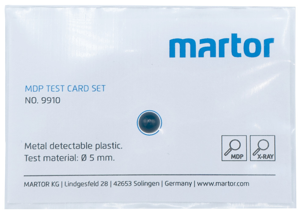 Zestaw kart testowych Martor MDP do noży bezpiecznych wykrywalnych jak metal, złożony z 5 kart