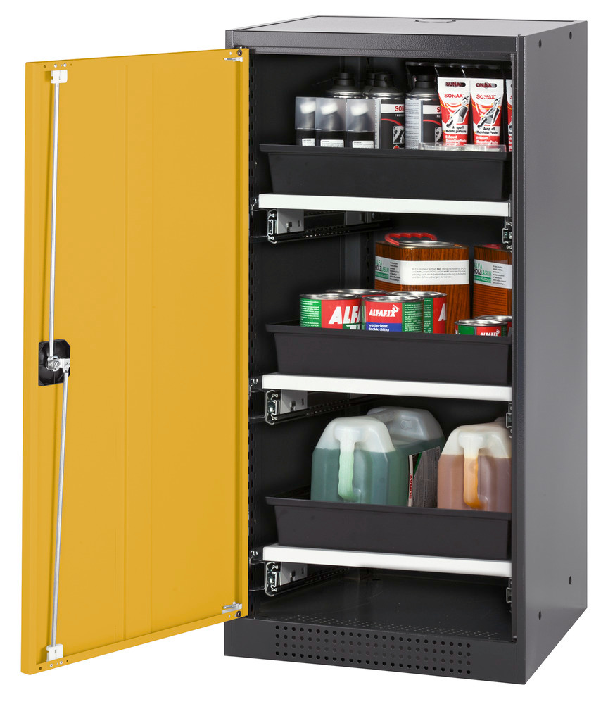 asecos chemicals cabinet Systema-T CS-53L, body anthracite, wing doors yellow, 3 pull-out shelves