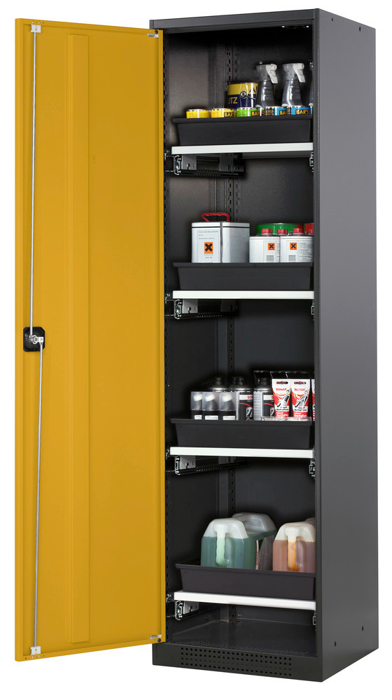 Kemikalieskåp asecos Systema T CS-54L, antracitgrå stomme, gula dörrar, 4 utdragshyllor