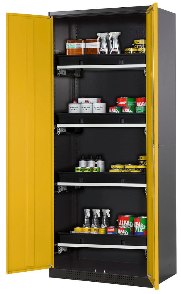 Skriňa na chemikálie Systema-T CS-84, korpus antracitový, krídlové dvere žlté, 4 výsuvné vane
