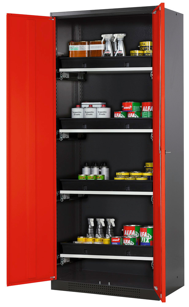 Skříň na chemikálie Systema CS-84, korpus antracitové barvy, křídlové dveře červené, 4 výsuvné vany