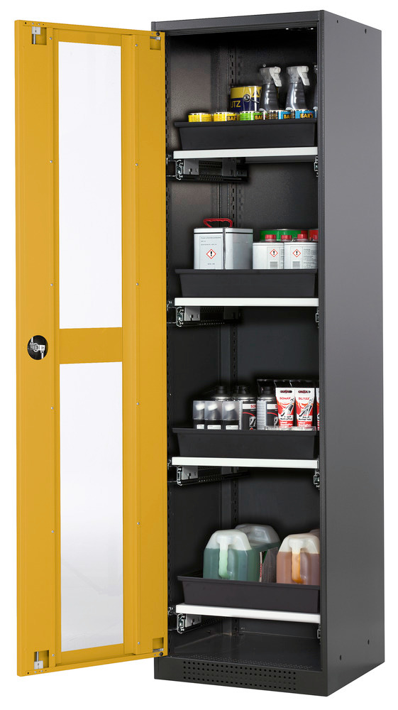 Skříň na chemikálie Systema CS-54LG, dveřní závěs vlevo, prosklené dveře žluté, 4 výsuvné vany