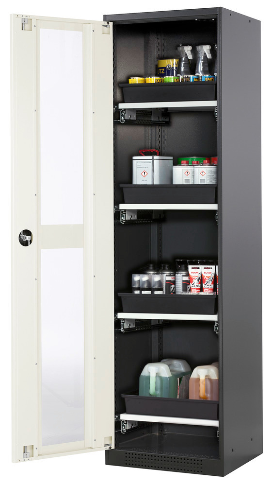 Skriňa na chemikálie Systema CS-54LG, dverový záves vľavo, 4 výsuvné vane, biele presklené dvere