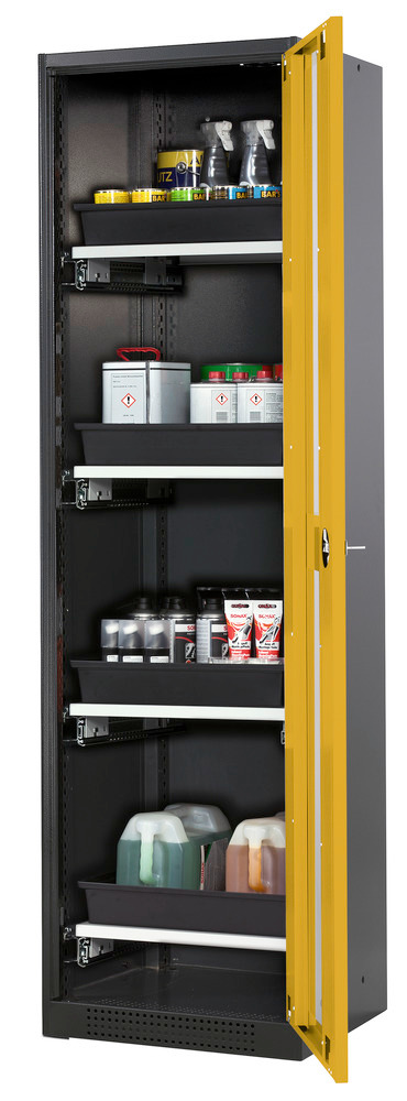 asecos chemicals cabinet Systema-T CS-54RG, body anthracite, wing doors yellow, 4 pull-out shelves