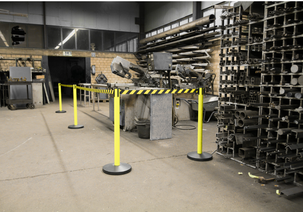 Tape barrier systems Allround, yellow posts, belt black/yellow, belt length 3.00 m