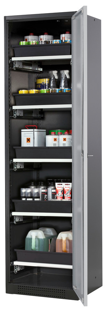 asecos chemicals cabinet Systema-T CS-55R, body anthracite, wing doors silver, 5 pull-out shelves