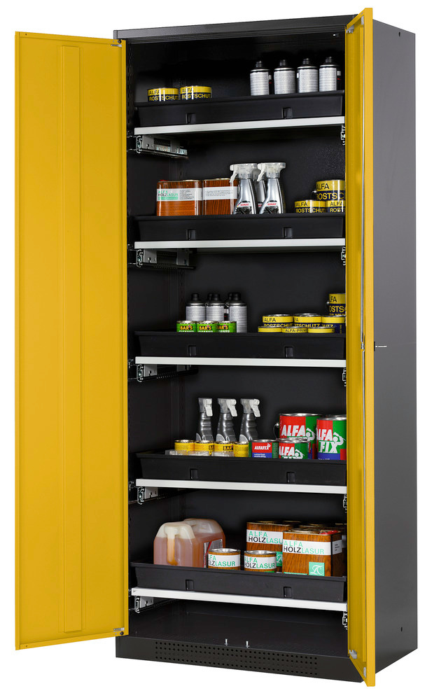 asecos chemicals cabinet Systema-T CS-85, body anthracite, wing doors yellow, 5 pull-out shelves