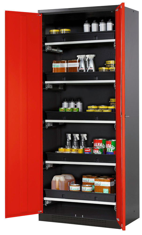asecos chemicals cabinet Systema-T CS-85, body anthracite, wing doors red, 5 pull-out shelves