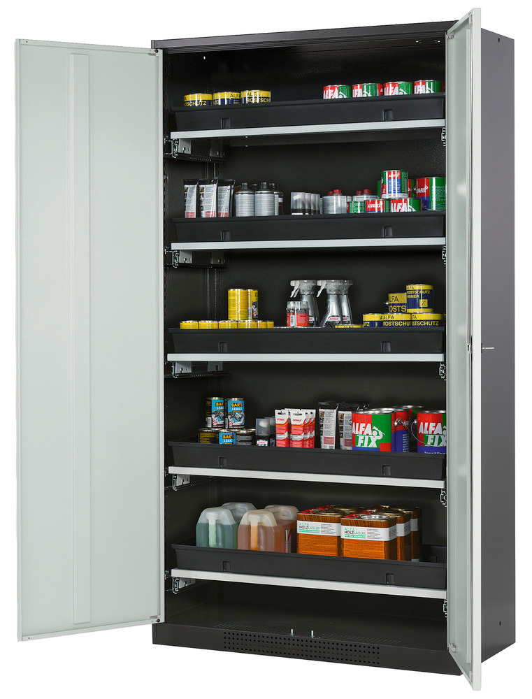 Kemikalieskåp asecos Systema T CS-105, antracitgrå stomme, grå dörrar, 5 utdragshyllor