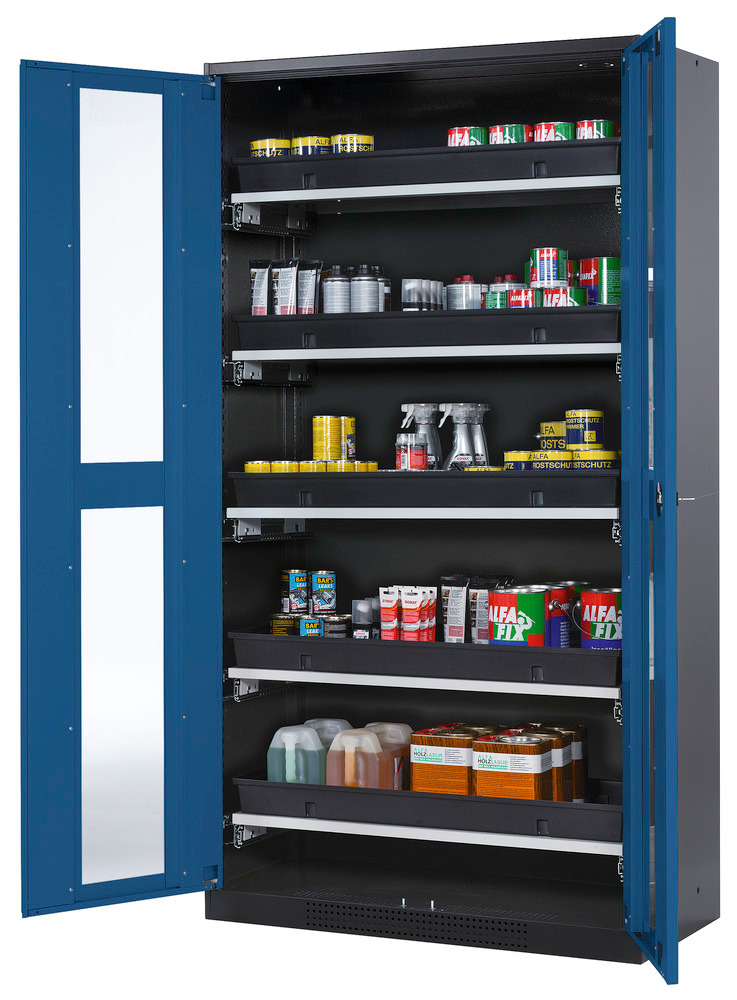 asecos chemicals cabinet Systema-T CS-105G, body anthracite, wing doors blue, 5 pull-out shelves