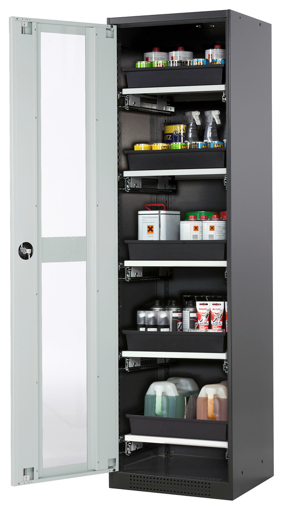 asecos chemicals cabinet Systema-T CS-55LG, body anthracite, wing doors grey, 5 pull-out shelves