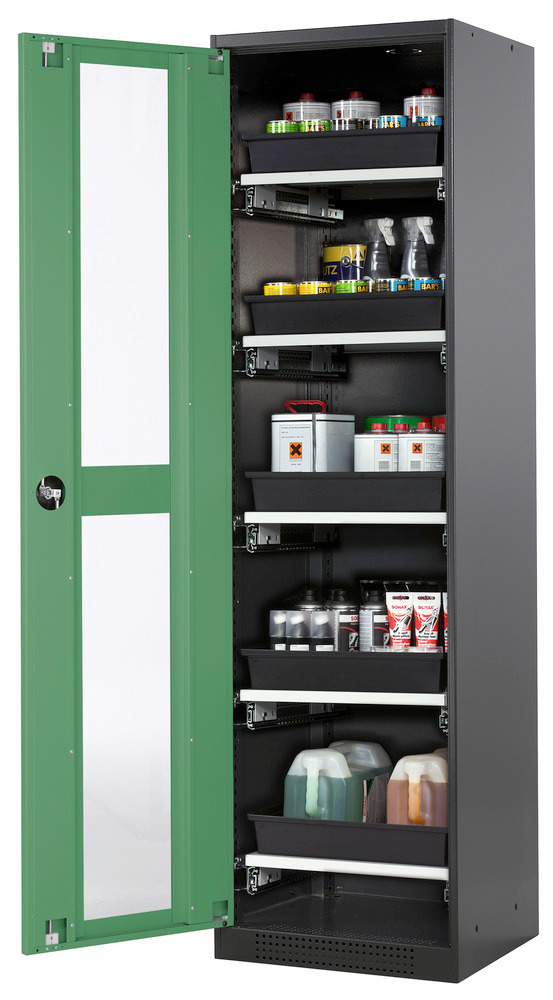 asecos chemicals cabinet Systema-T CS-55LG, body anthracite, wing doors green, 5 pull-out shelves