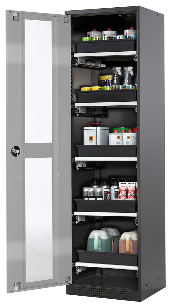 asecos chemicals cabinet Systema-T CS-55LG, body anthracite, wing doors silver, 5 pull-out shelves
