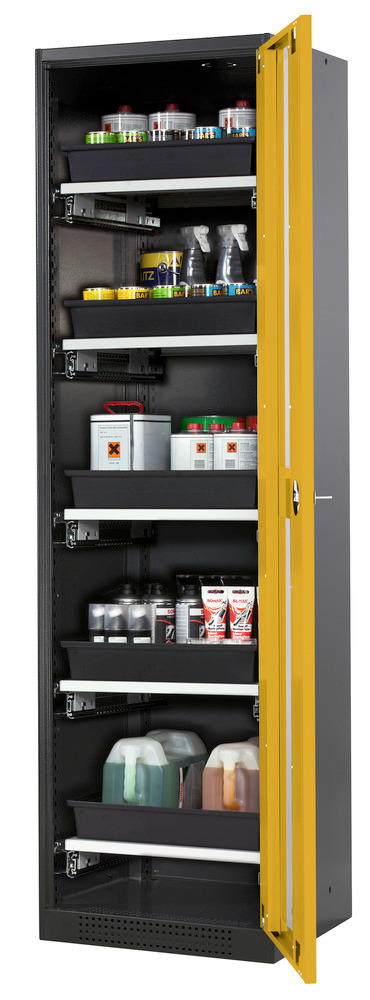 Skříň na chemikálie Systema CS-55RG, dveřní závěs vpravo, prosklené dveře žluté, 5 výsuvných van
