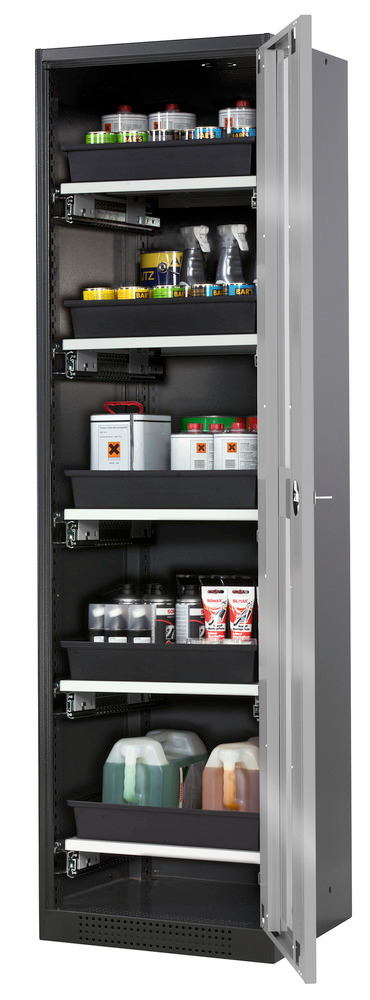asecos chemicals cabinet Systema-T CS-55RG, body anthracite, wing doors silver, 5 pull-out shelves