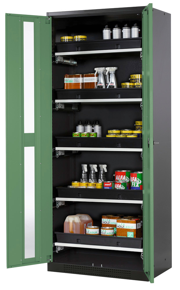 asecos chemicals cabinet Systema-T CS-85G, body anthracite, wing doors green, 5 pull-out shelves