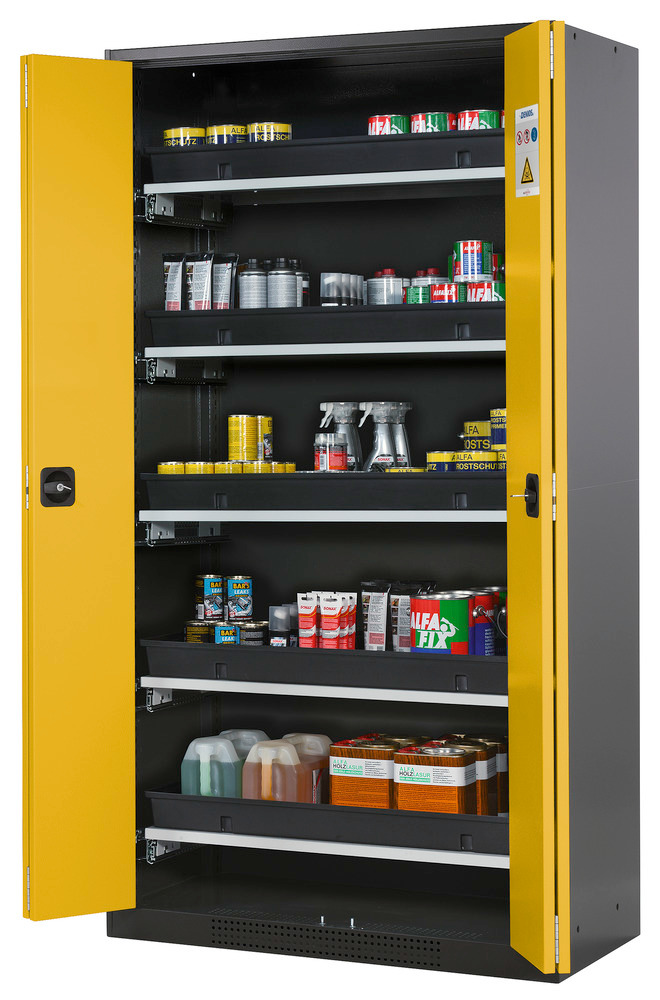 asecos chemicals cabinet Systema-T CS-105F, body anthracite, folding doors yellow 5 pull-out shelves