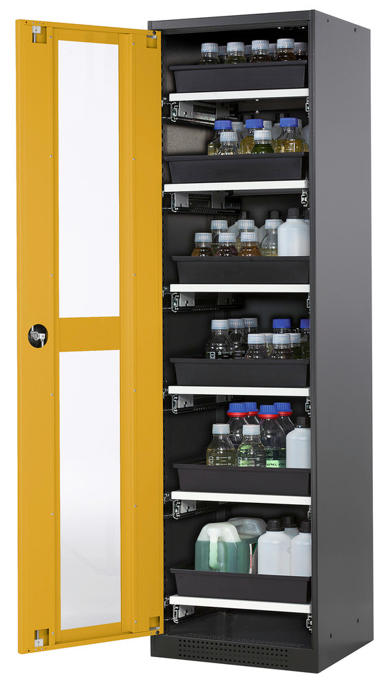 asecos chemicals cabinet Systema-T CS-56LG, body anthracite, wing doors yellow, 6 pull-out shelves