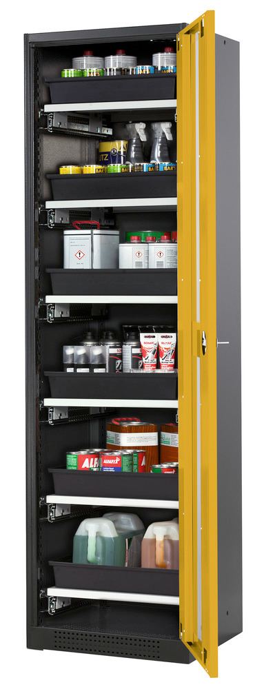 asecos chemicals cabinet Systema-T CS-56RG, body anthracite, wing doors yellow, 6 pull-out shelves