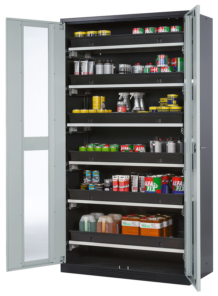 Kemikalieskåp asecos Systema T CS-106G, antracitgrå stomme, grå dörrar, 6 utdragshyllor