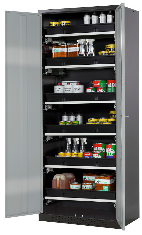 asecos chemicals cabinet Systema-T CS-86, body anthracite, wing doors silver, 6 pull-out shelves