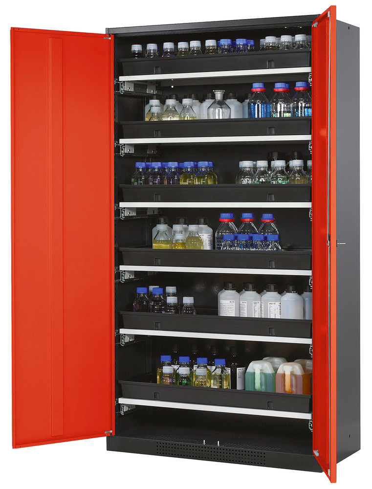 asecos chemicals cabinet Systema-T CS-106, body anthracite, wing doors red, 6 pull-out shelves