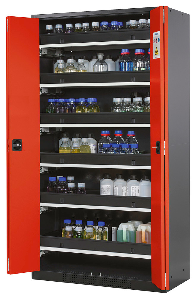 Armário químicos Systema-T CS-106F, corpo antracite, portas de fole vermelhas, 6 estantes removíveis