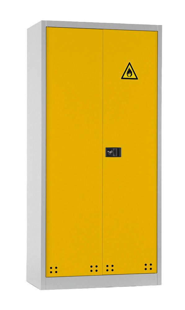 Skriňa na chemikálie Tough CS 95-195, 4 záchytné vane, bledo sivý korpus, žlté dvere