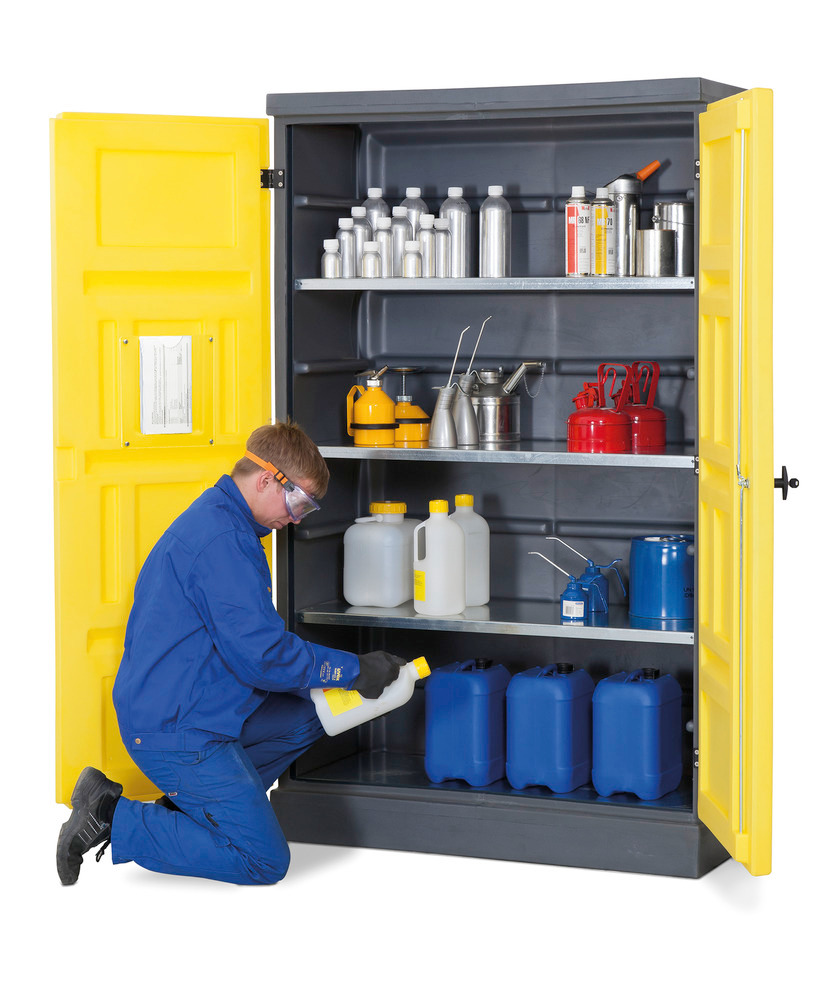 Depending on the hazardous substances to be stored, the PolyStore environmental cabinet can be fitted with spill pallets or grids, either in stainless steel (1.4301) or galvanized steel. All cabinet types can be fitted with an optional fan.