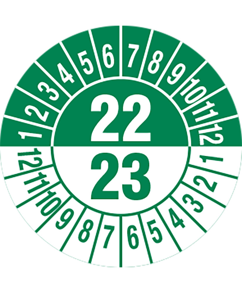 Kontrolmærke 22/23, grøn, folie, selvklæbende, 25 mm, 5 ark med 15 stk.