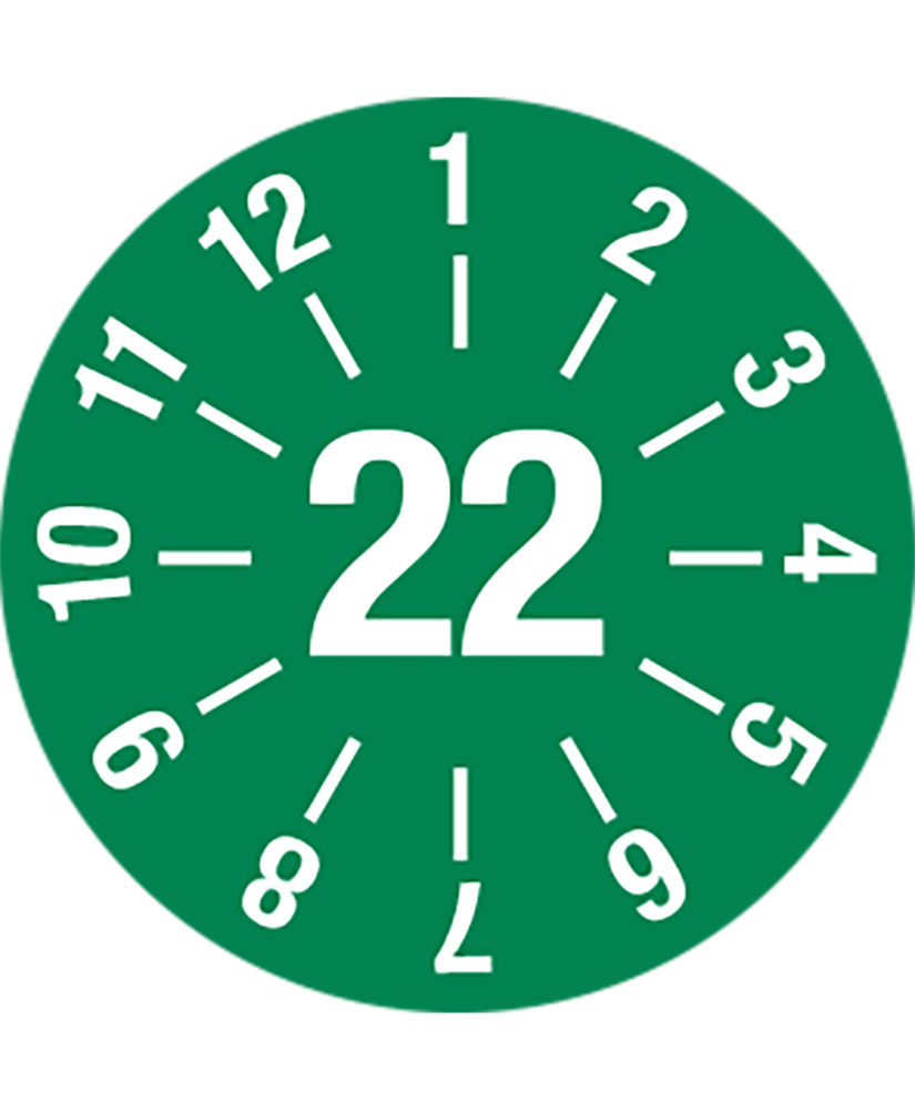 Prüfplakette "22", mit Strichen, grün, Folie, selbstklebend, 25 mm, VE = 5 Bogen à 15 Stück