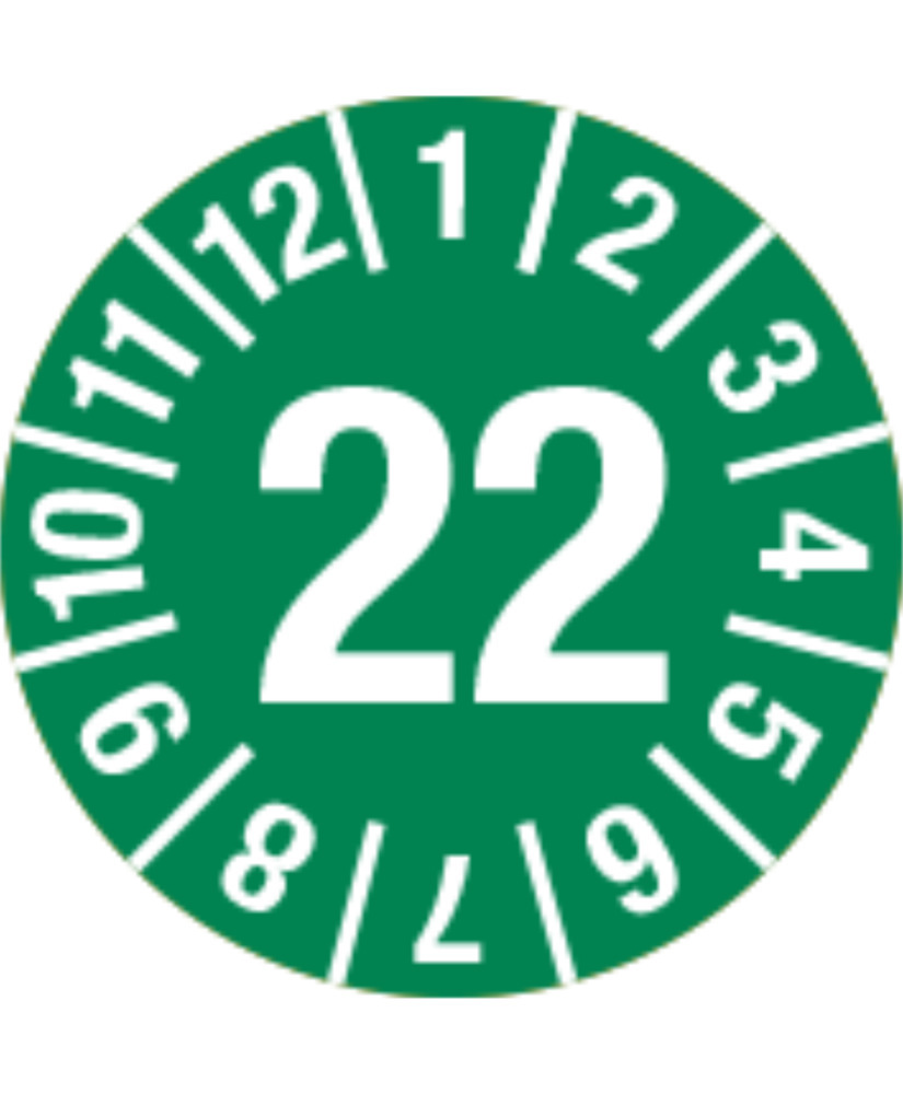 Prüfplakette "22", grün, Folie, selbstklebend, 15 mm, VE = 1 Bogen à 60 Stück