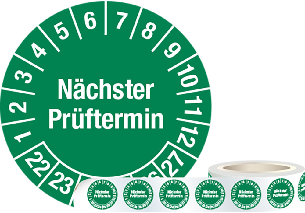 Prüfplakette "Nächster Prüftermin", 22 - 27, grün, Folie, SK, 30 mm, VE = 1 Rolle à 1000 Stück