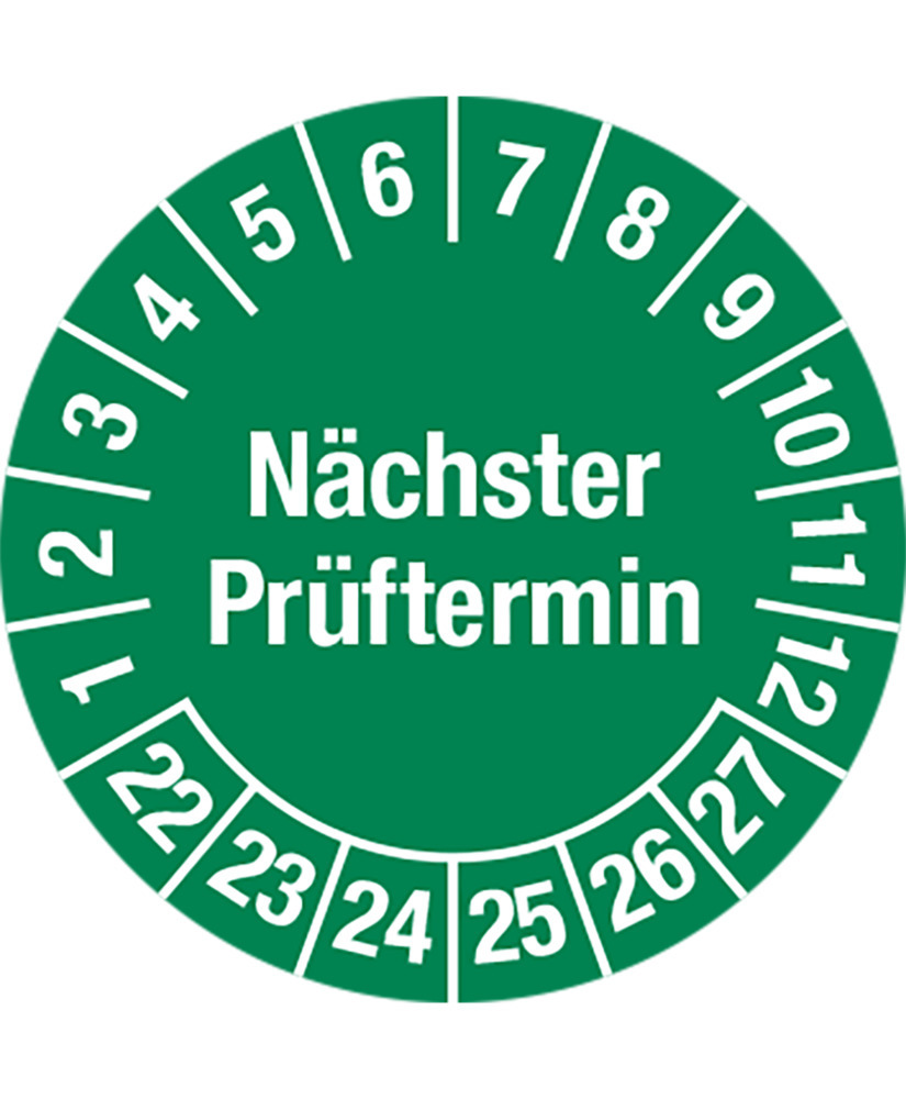 Prüfplakette "Nächster Prüftermin", 22 - 27, bei Öl , grün, Folie, SK, 30 mm, VE = 5 Bogen à 15 St.