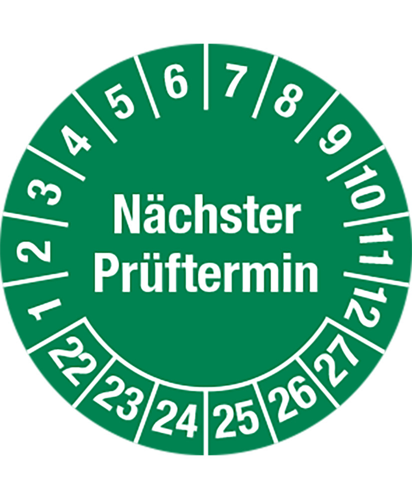 Prüfplakette "Nächster Prüftermin", 22 - 27, grün, Folie, SK, 25 mm, VE = 5 Bogen à 15 Stück