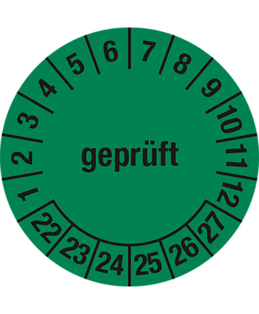 Prüfplakette "geprüft", 22 - 27, grün, Folie, selbstklebend, 30 mm, VE = 5 Bogen à 15 Stück
