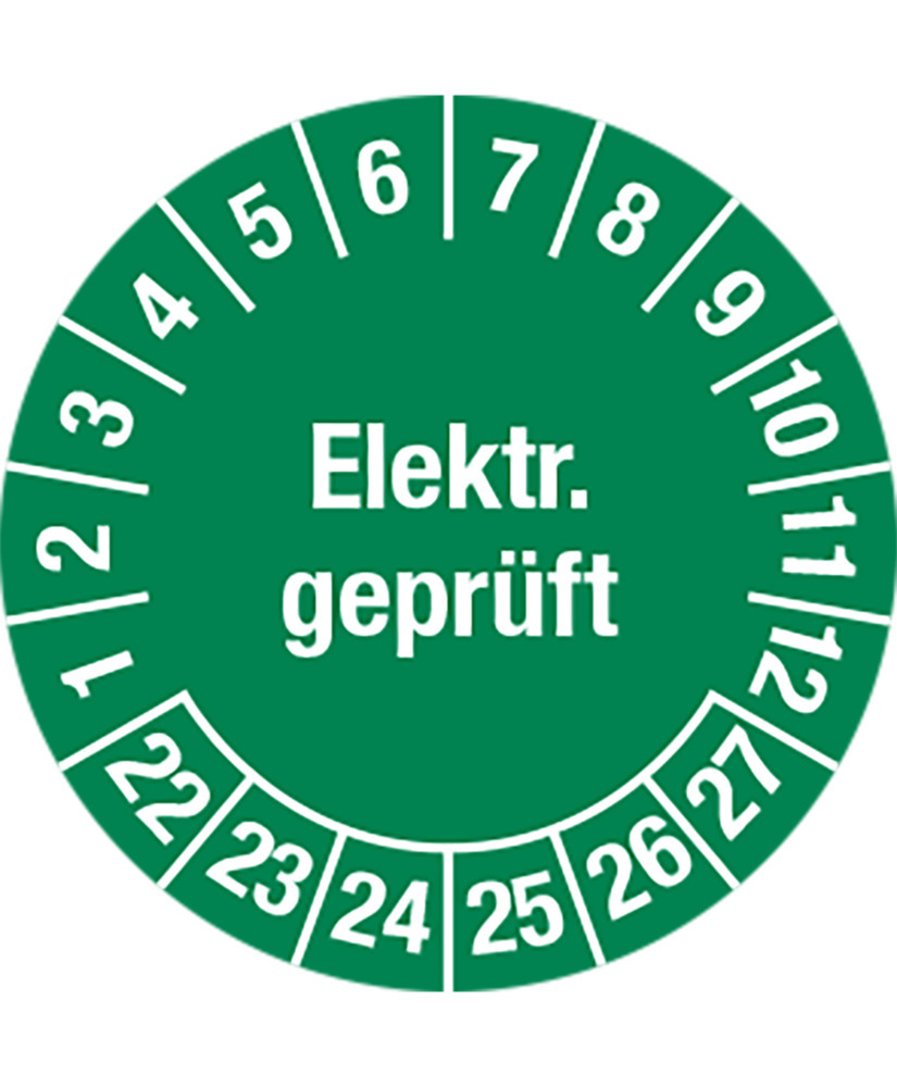 Prüfplakette "Elektr. geprüft", 22 - 27, grün, Folie, selbstklebend, 25 mm, VE = 5 Bogen à 15 Stück