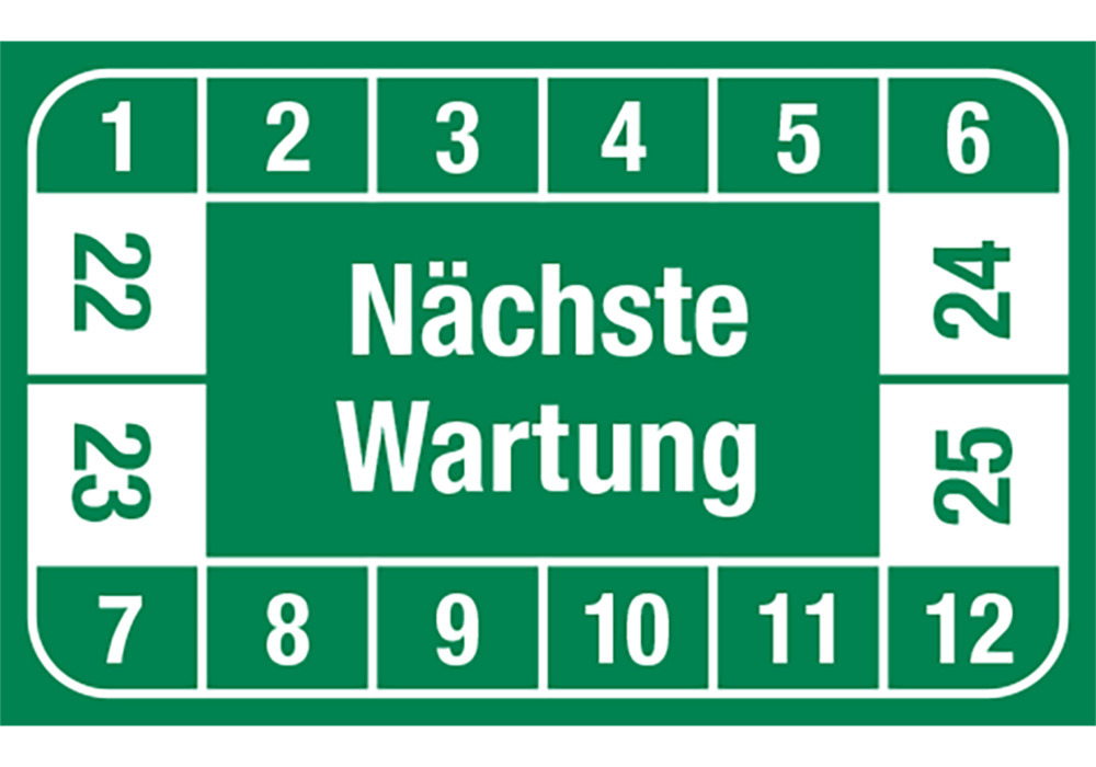 Prüfplakette "Nächste Wartung", 22 - 25, grün, Folie, SK, 40 x 25 mm, VE = 5 Bogen à 12 Stück