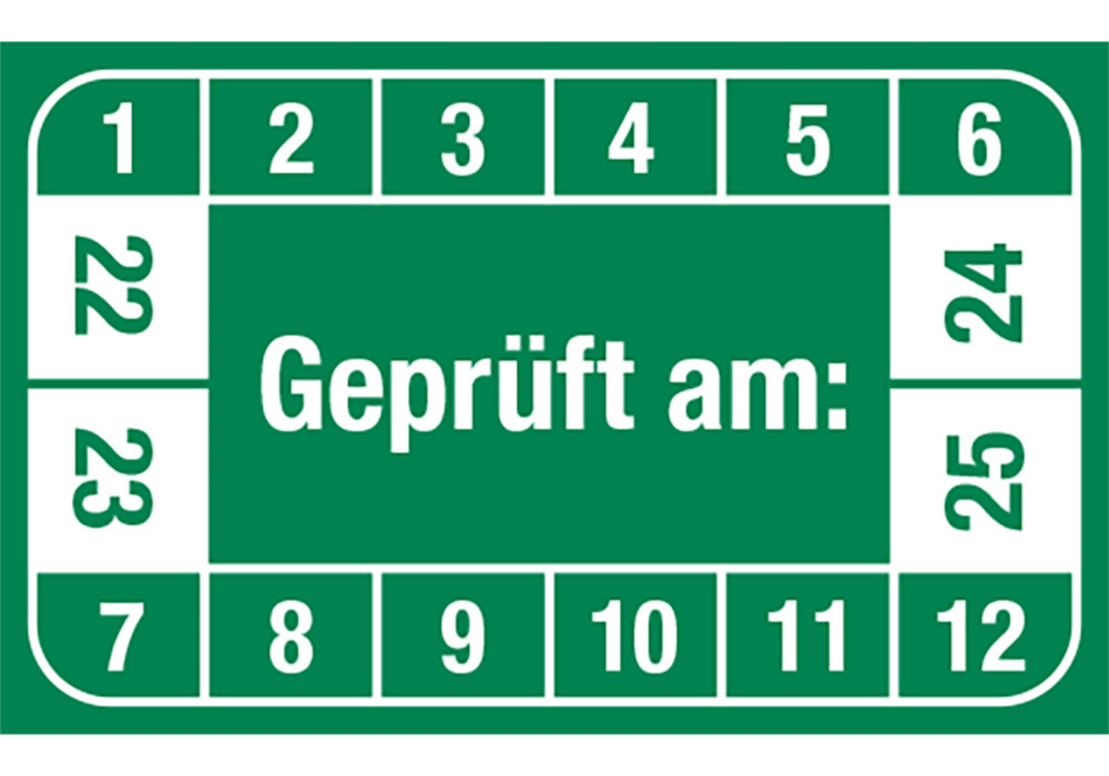 Prüfplakette "Geprüft am", 22 - 25, grün, Folie, selbstklebend, 40 x 25 mm, VE = 5 Bogen à 12 Stück