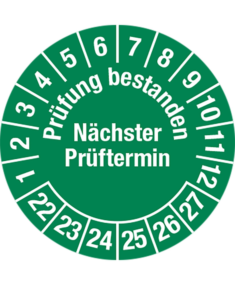 Prüfplakette "Prüfung best./Näch. Termin", 22 - 27, grün, Folie, SK, 30 mm, VE = 5 Bogen à 15 Stück