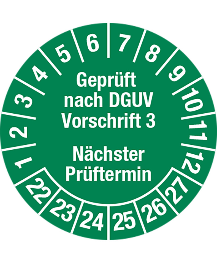Prüfplakette "Geprüft DGUV/Termin", 22 - 27, grün, Folie, SK, 30 mm, VE = 5 Bogen à 15 Stück